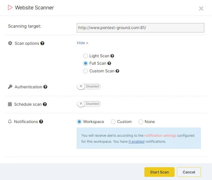 The Website Vulnerability Scanner dialog in the logged in area of Pentest-Tools.com